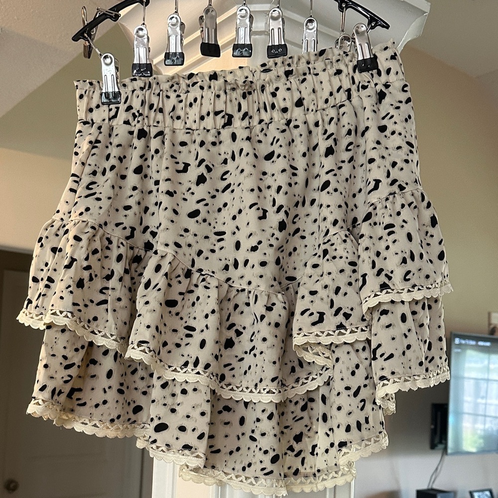 Cream Tiered Ruffle Mini Skirt with Black Spot Print